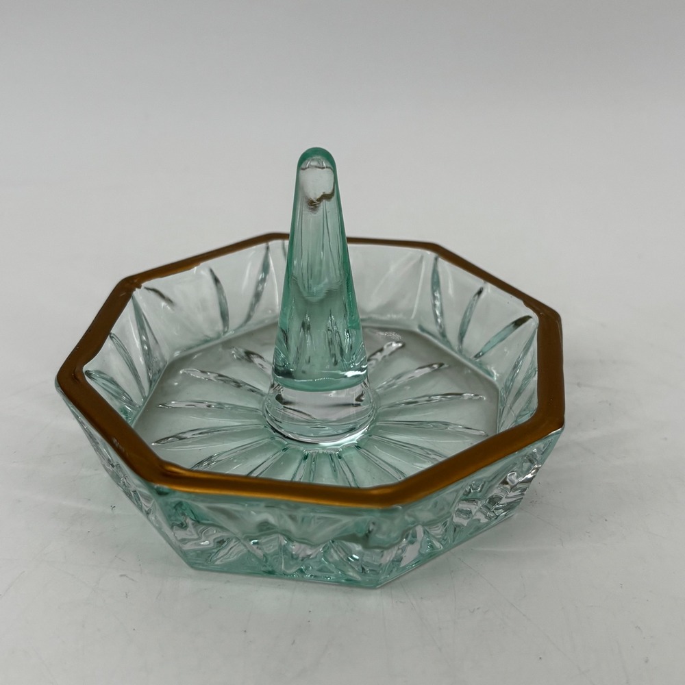 Vintage Green Blue Glass Ring Holder Gold Rim Octagon Pressed Glass Trinket Dish